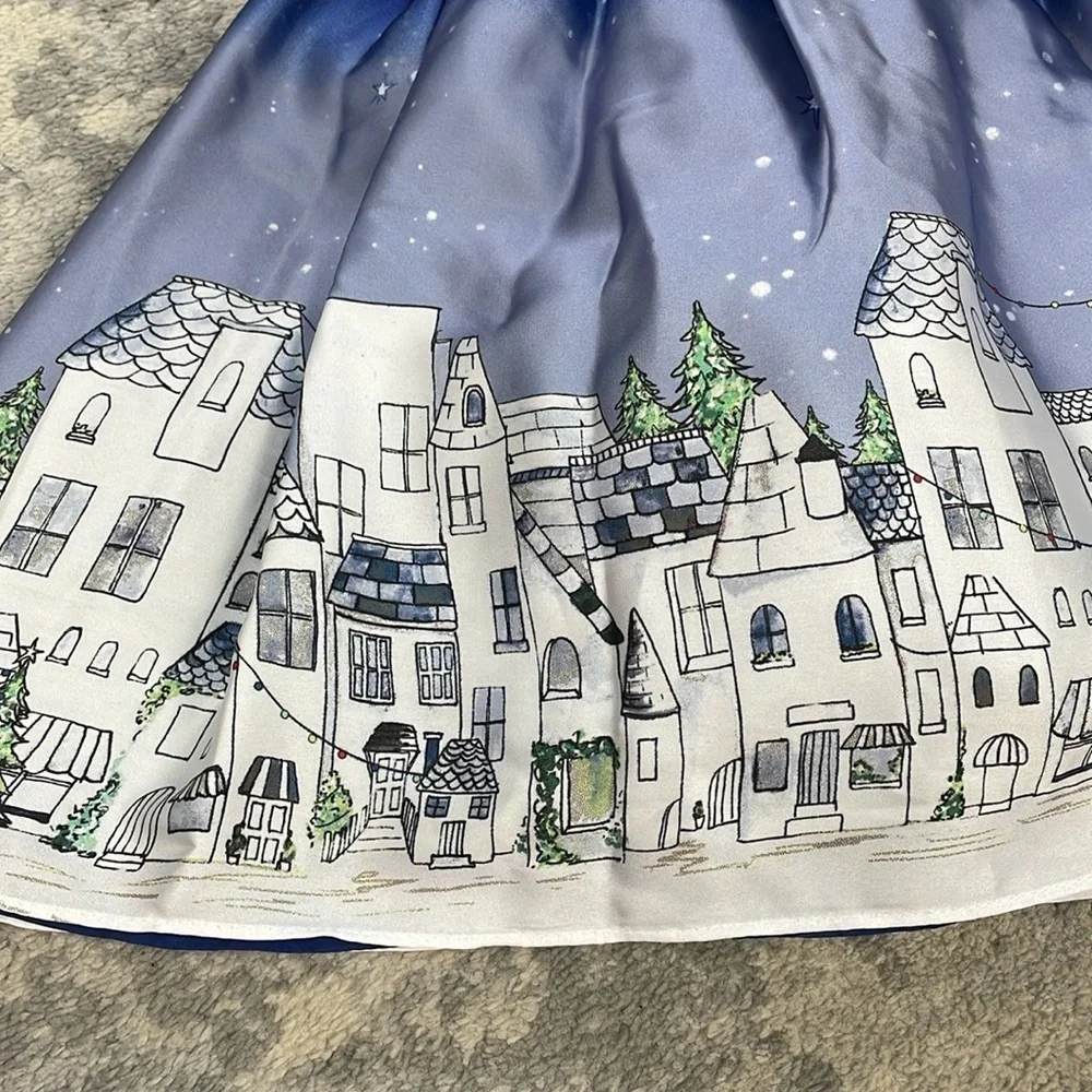 NWT Pippa & Julie Camilla Starry Night Whimsical Townscape Houses Dress Girls 5